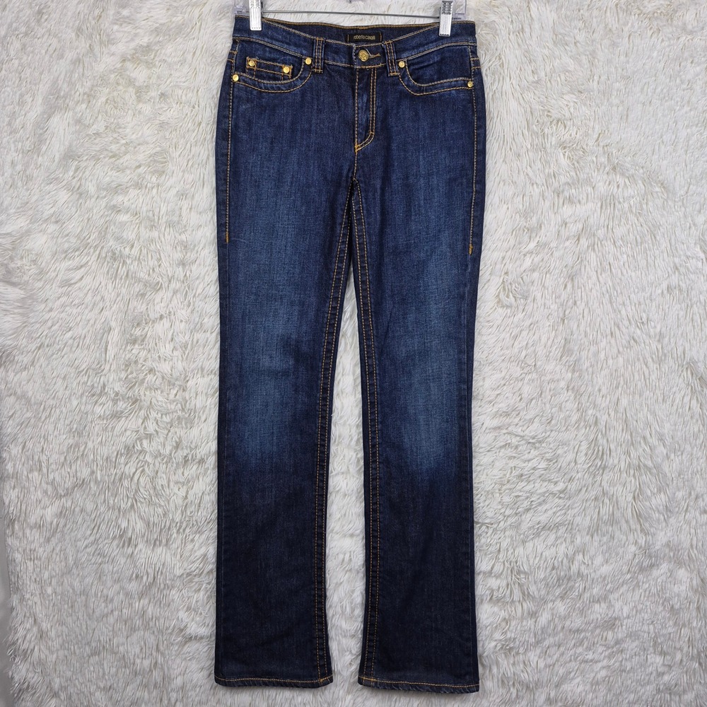 Y2K Roberto Cavalli Dark Wash Straight Leg Jeans Crocodile Leather Patch‎ US 28